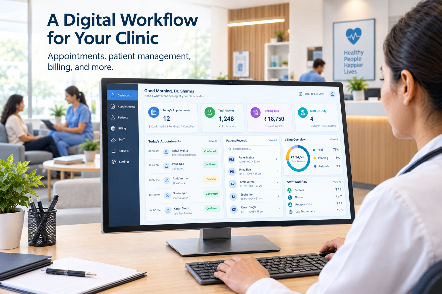 MediCore admin dashboard showing patients, appointments and revenue overview